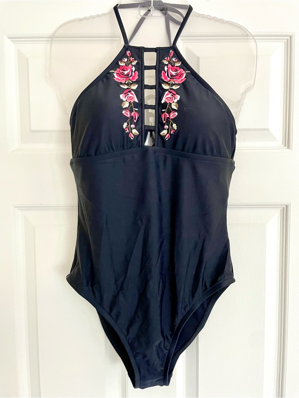 Mossimo Black Floral Embroidered Halter One-Piece Swimsuit